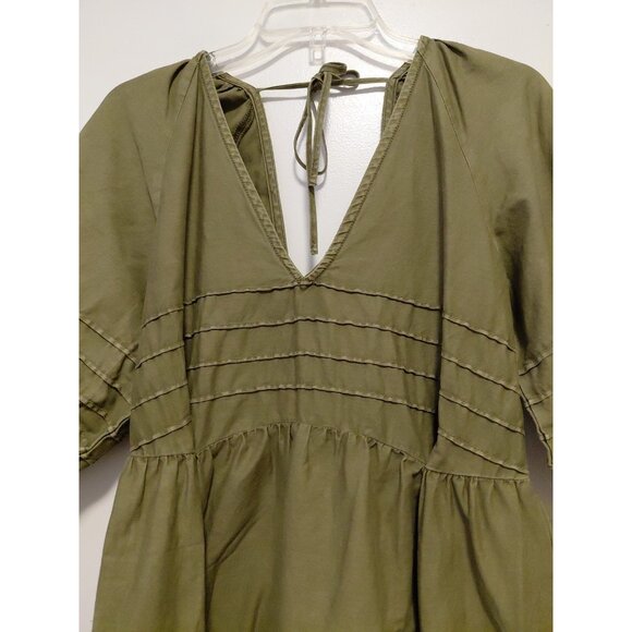 Free People Sweet Surrender Military Green Denim Dress Puff Sleeves Large - Picture 4 of 12